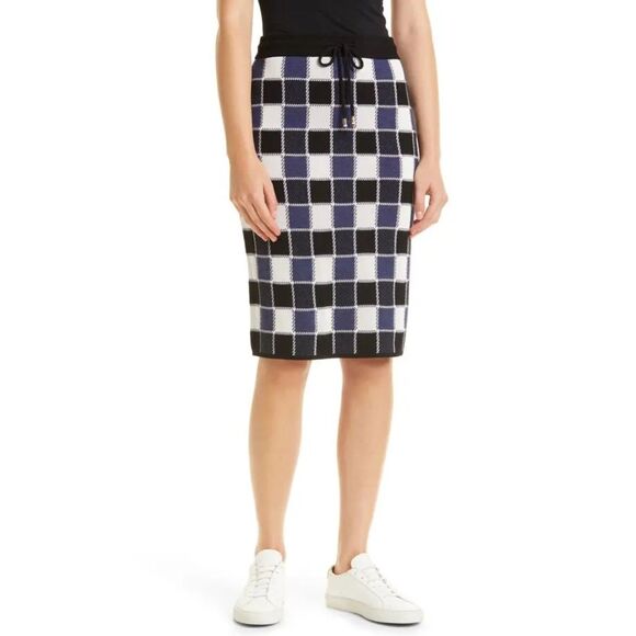 BOSS Hugo Boss Fiallah Check Wool Blend Jacquard Pencil Skirt Navy Black & White - Picture 2 of 14